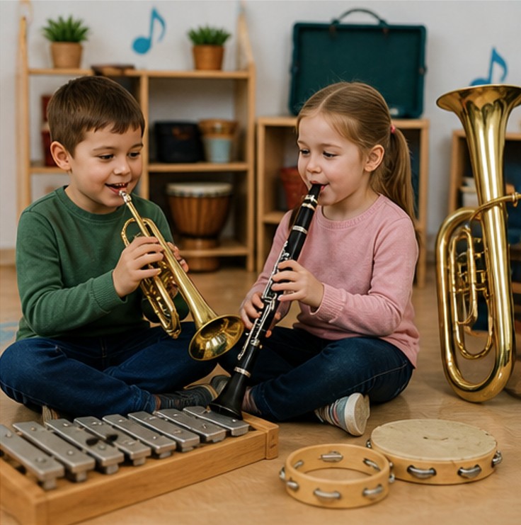 Kinder probieren Instrumente aus