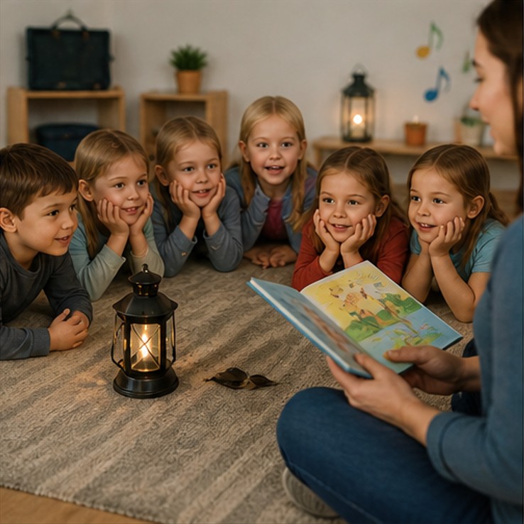 Kinder hören einer Klanggeschichte zu